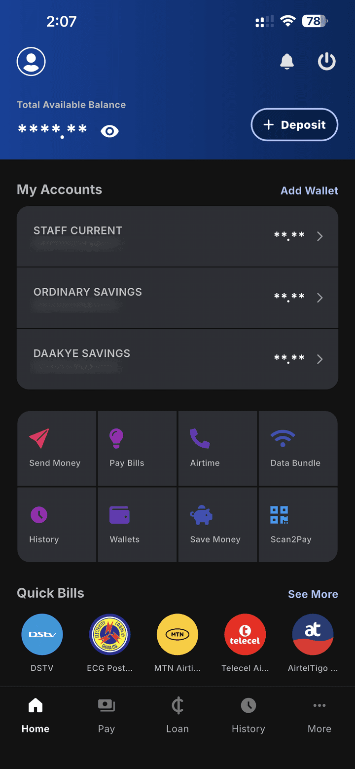 Ahantaman Mobile app dashboard showing accounts, Send Money, Pay Bills and Scan2Pay